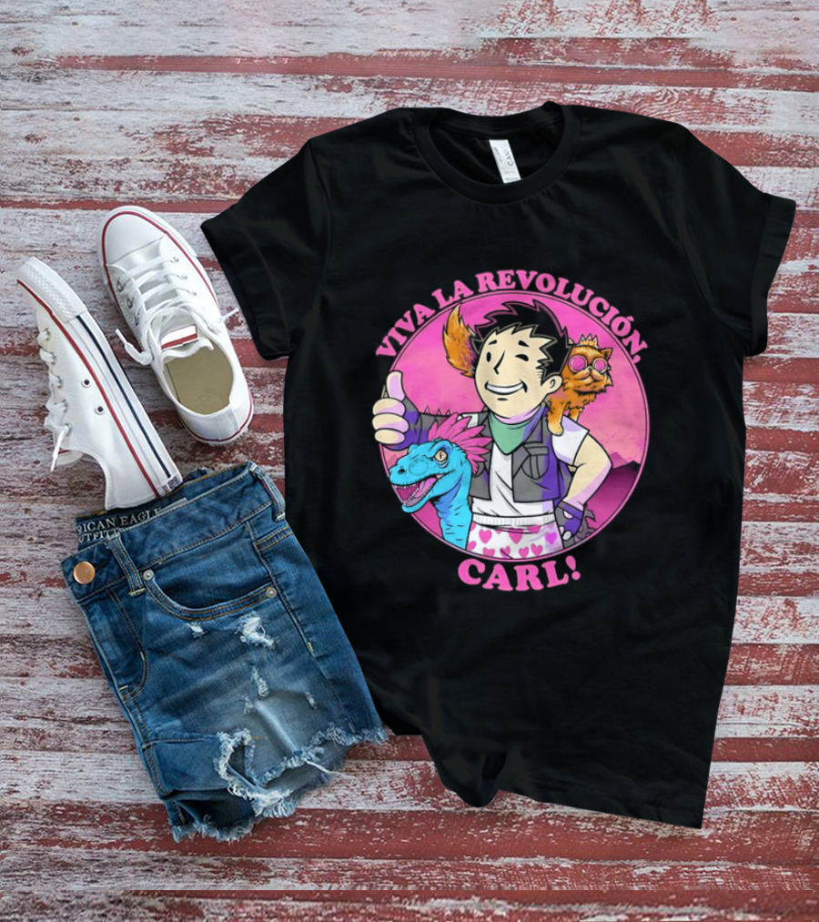 Viva La Revolución Carl Fallout Vault Boy Dinosaur Cat T-Shirt