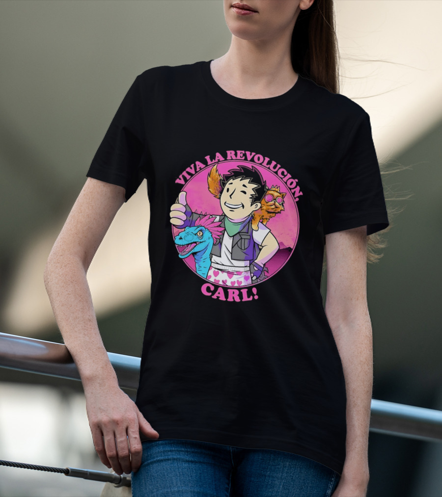 Viva La Revolución Carl Fallout Vault Boy Dinosaur Cat T-Shirt