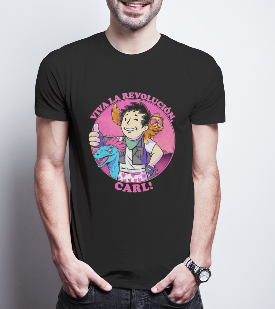 Viva La Revolución Carl Fallout Vault Boy Dinosaur Cat T-Shirt