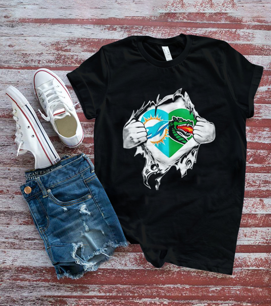 Miami Dolphins UAB Blazers Heart Superman Chest Rip T-Shirt