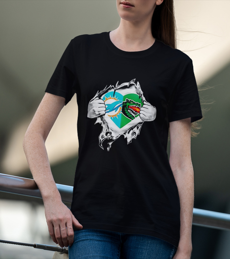 Miami Dolphins UAB Blazers Heart Superman Chest Rip T-Shirt