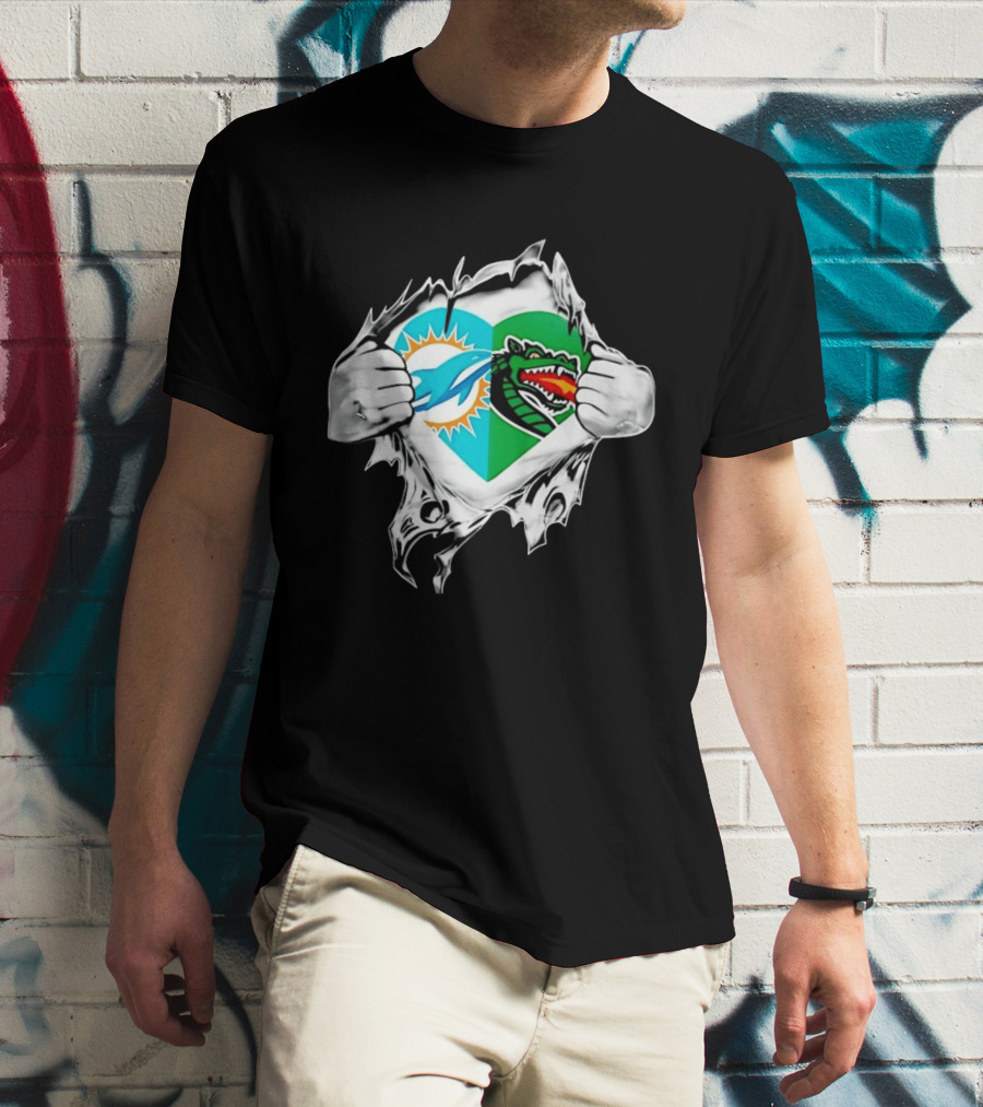 Miami Dolphins UAB Blazers Heart Superman Chest Rip T-Shirt