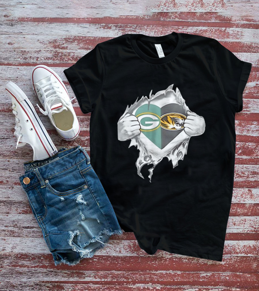 Green Bay Packers Missouri Tigers Heart Superman Chest Rip T-Shirt