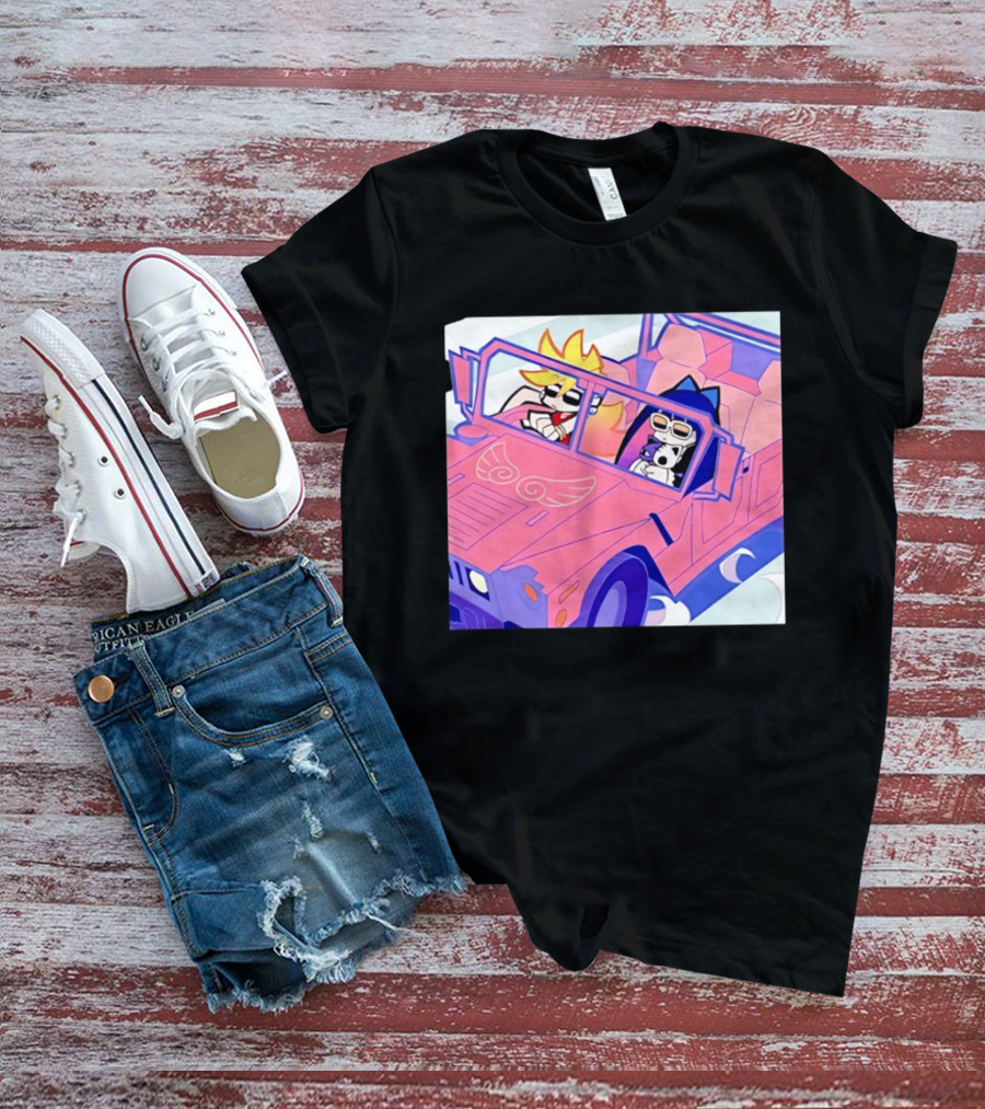 Panty And Stocking With Garterbelt Anime Characters Riding In Pink Car T-Shirt