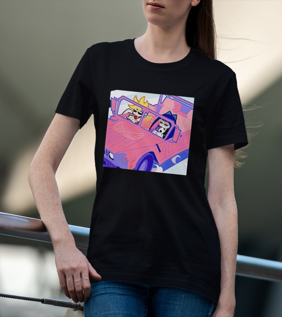 Panty And Stocking With Garterbelt Anime Characters Riding In Pink Car T-Shirt
