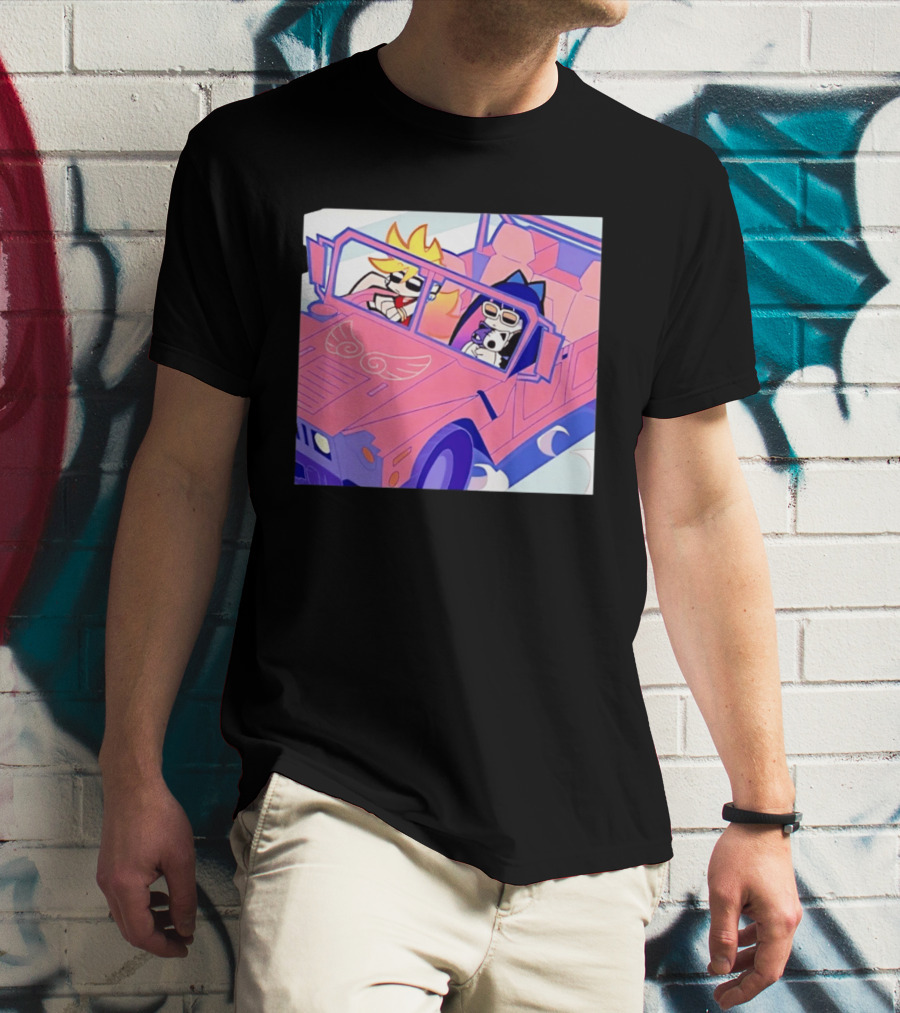 Panty And Stocking With Garterbelt Anime Characters Riding In Pink Car T-Shirt