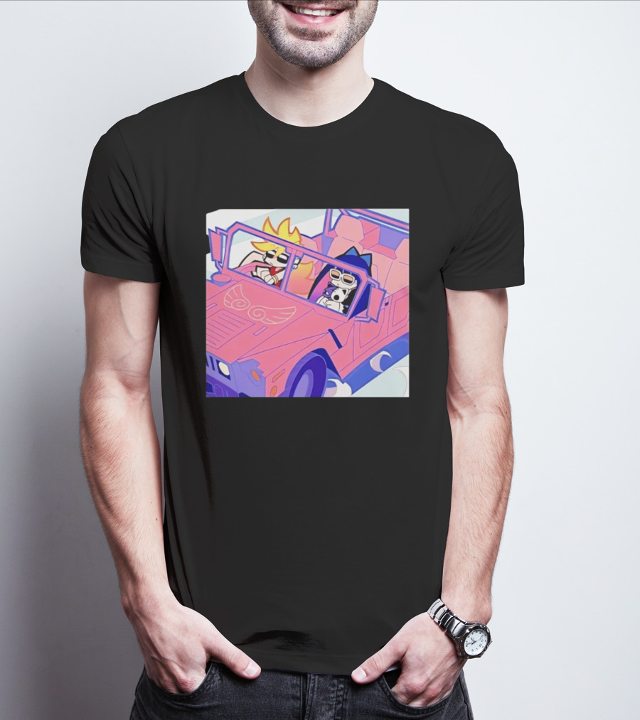 Panty And Stocking With Garterbelt Anime Characters Riding In Pink Car T-Shirt