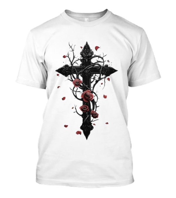 Gothic Cross Red Roses Thorns Religious Symbol Roses T-Shirt