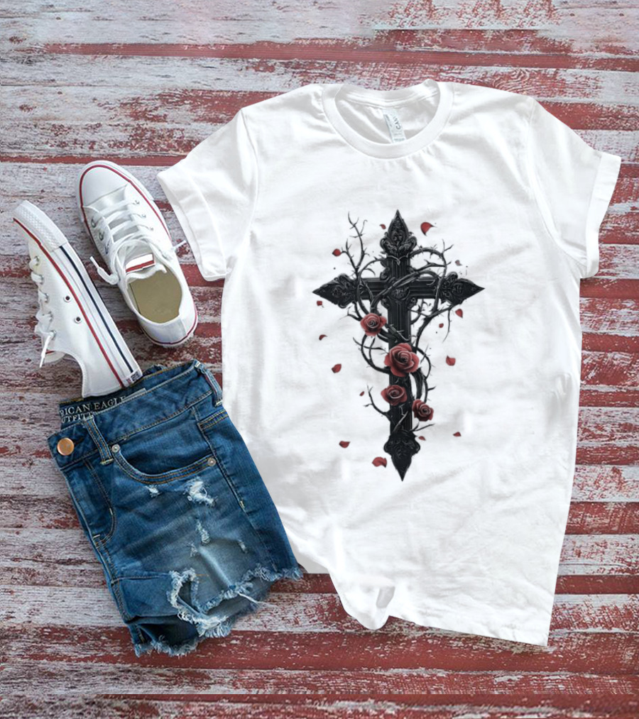 Gothic Cross Red Roses Thorns Religious Symbol Roses T-Shirt