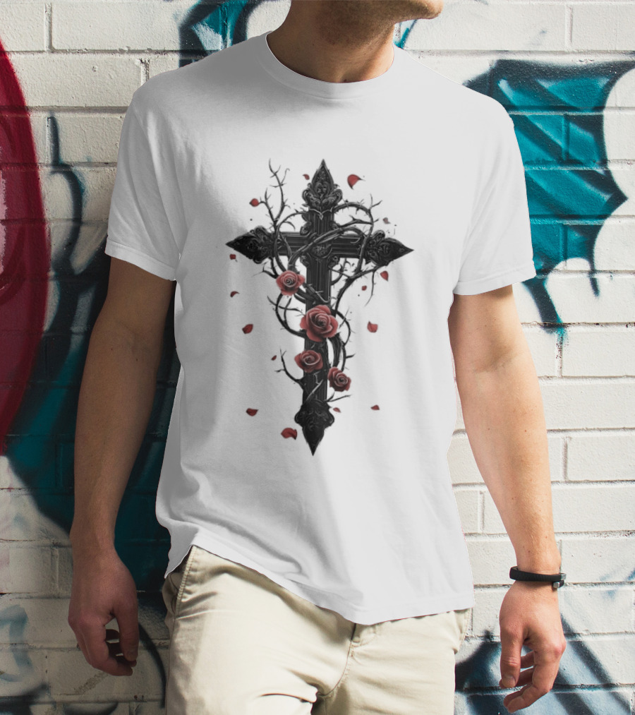 Gothic Cross Red Roses Thorns Religious Symbol Roses T-Shirt