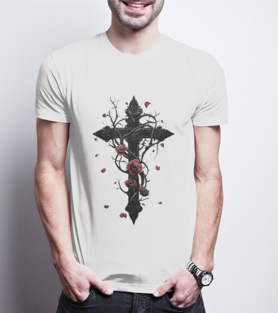 Gothic Cross Red Roses Thorns Religious Symbol Roses T-Shirt