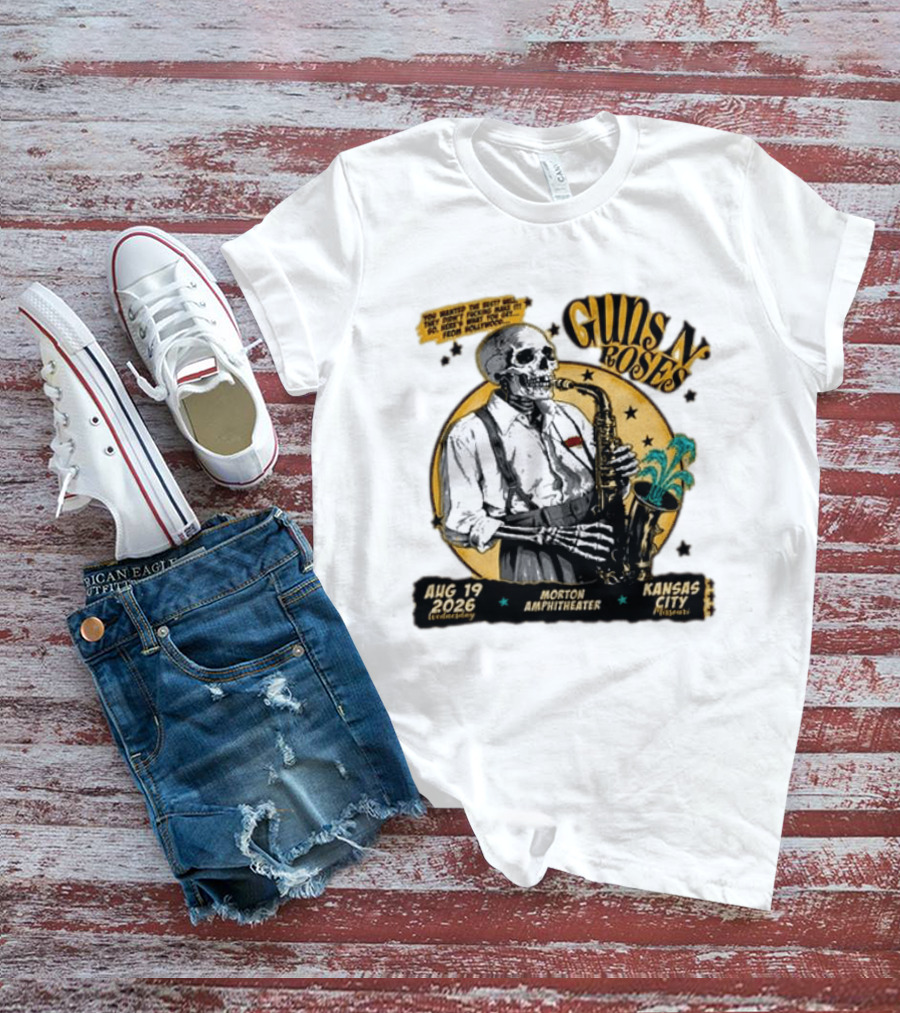 Guns N' Roses Aug 19 2026 Morton Amphitheater Kansas City Skeleton Saxophone T-Shirt