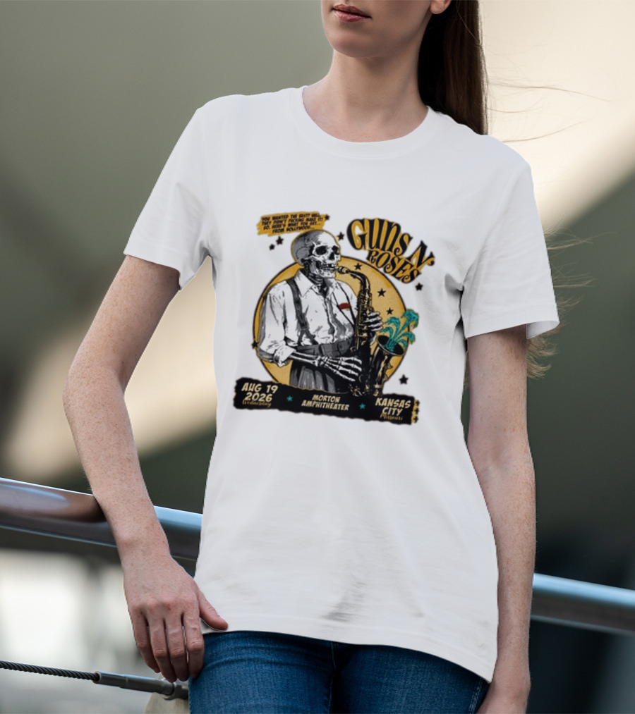 Guns N' Roses Aug 19 2026 Morton Amphitheater Kansas City Skeleton Saxophone T-Shirt