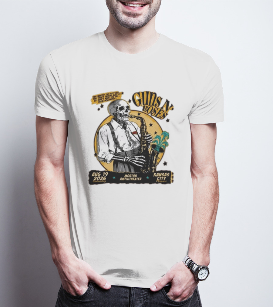 Guns N' Roses Aug 19 2026 Morton Amphitheater Kansas City Skeleton Saxophone T-Shirt