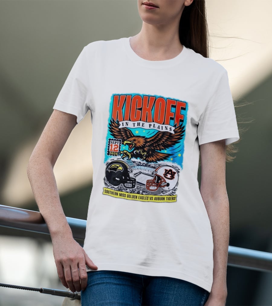 Kickoff In The Plains Southern Miss Golden Eagles Vs Auburn Tigers Sept 12 2026 Football Matchup T-Shirt