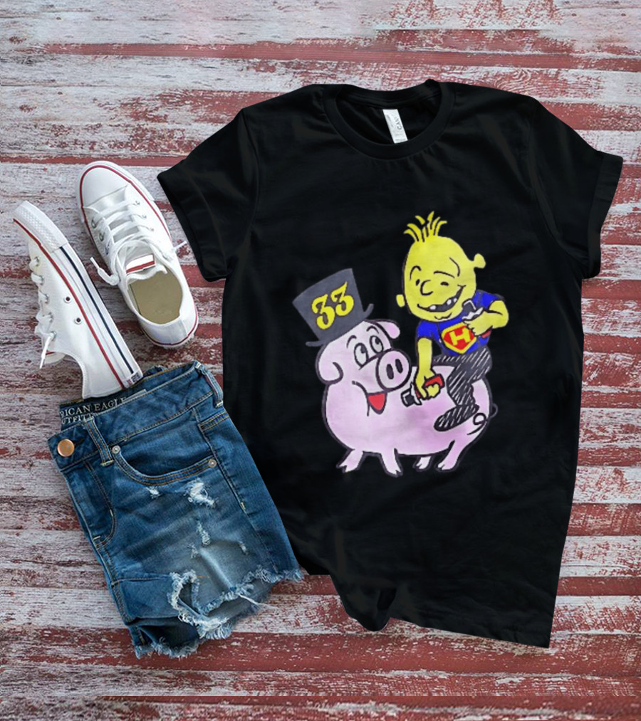 33 Cartoon Boy Yellow Hair Riding Pink Pig Black Top Hat H Hero T-Shirt