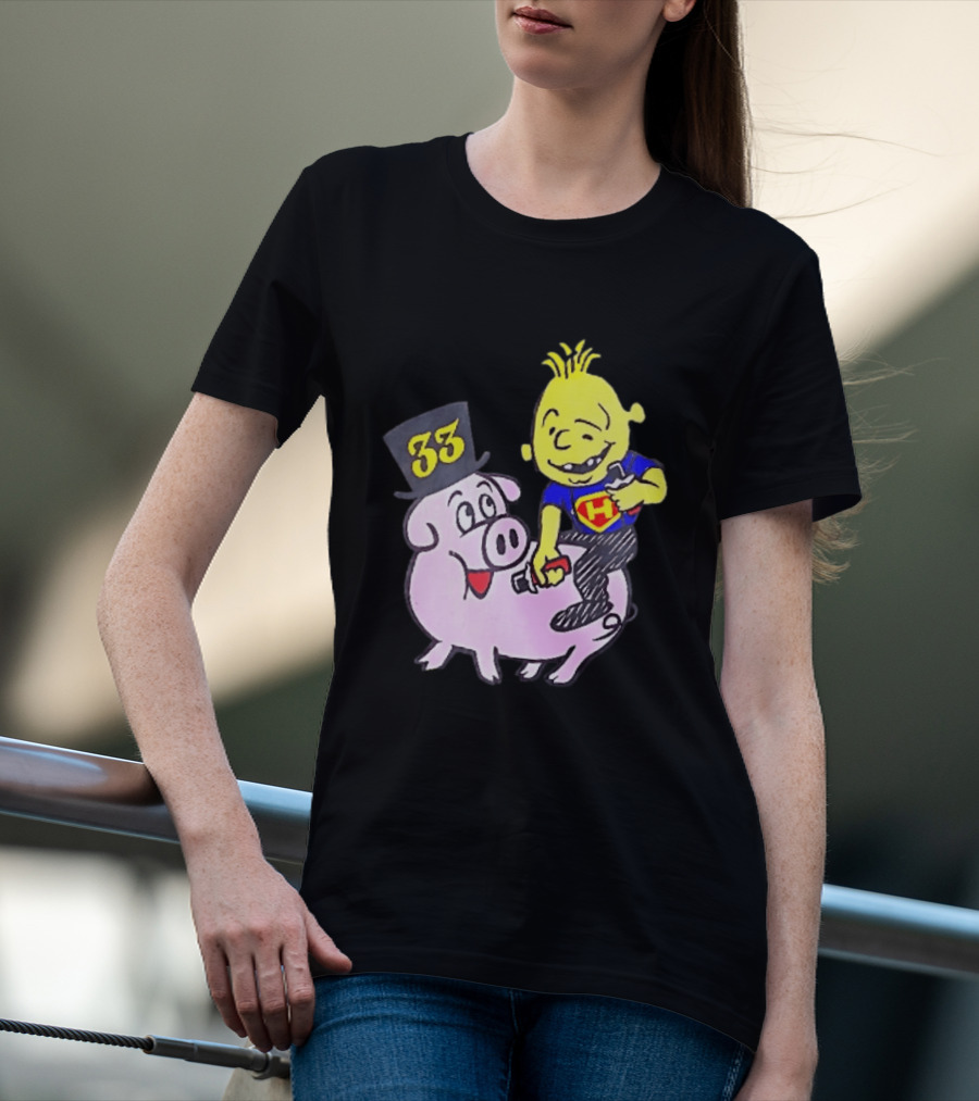 33 Cartoon Boy Yellow Hair Riding Pink Pig Black Top Hat H Hero T-Shirt