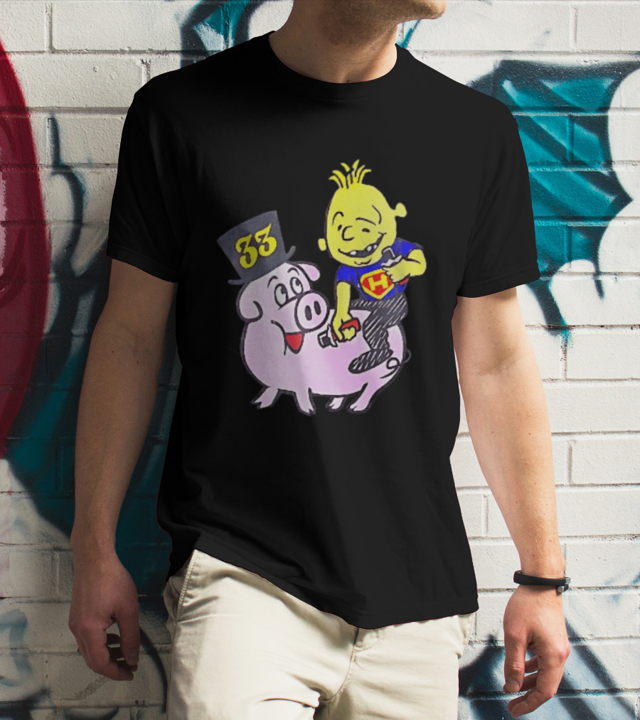 33 Cartoon Boy Yellow Hair Riding Pink Pig Black Top Hat H Hero T-Shirt
