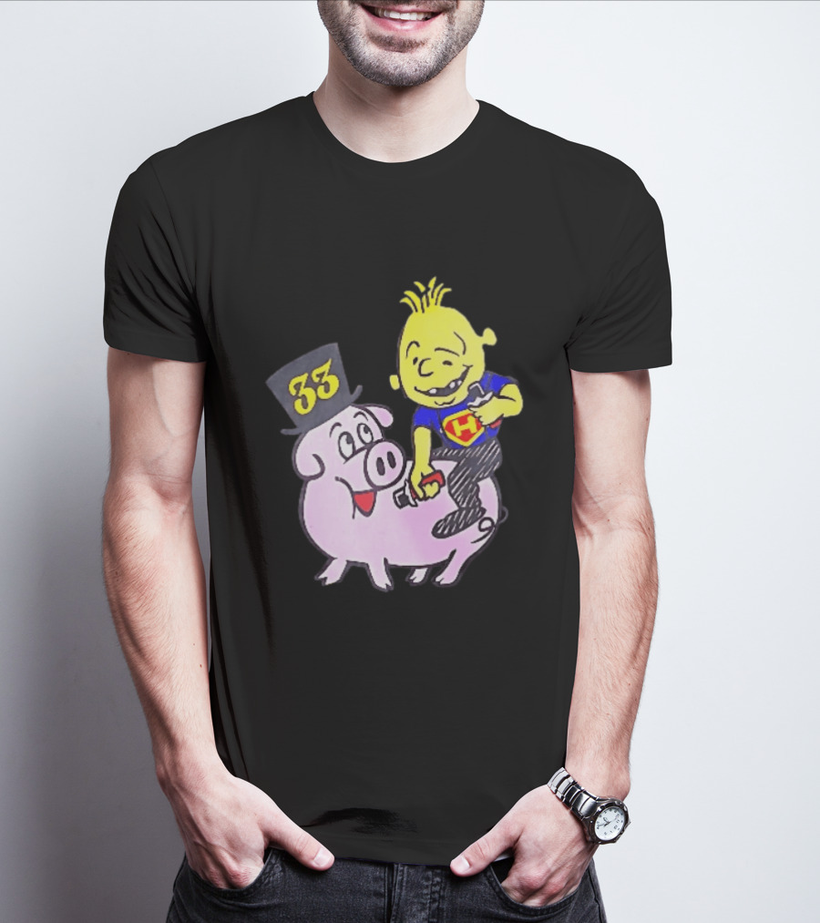 33 Cartoon Boy Yellow Hair Riding Pink Pig Black Top Hat H Hero T-Shirt
