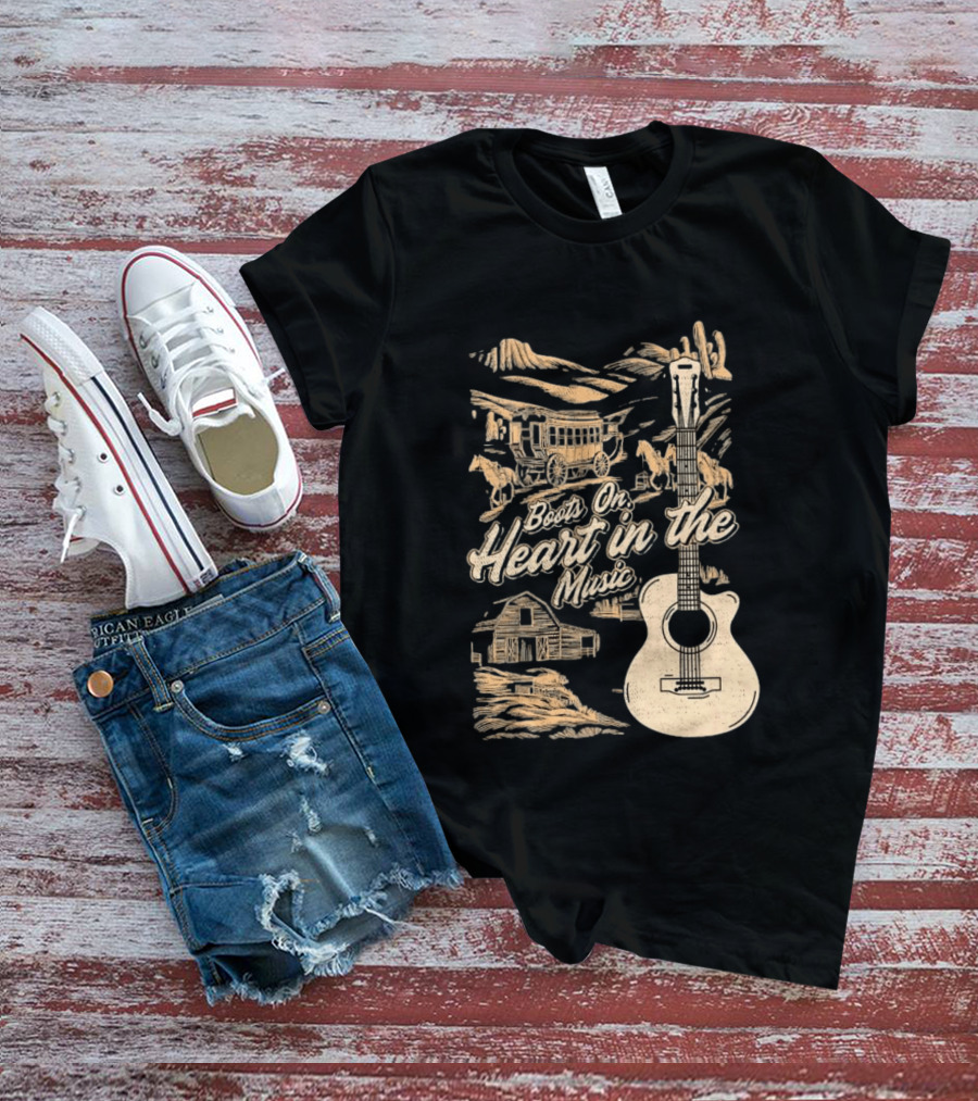 Boots On Heart In The Music Acoustic Guitar Cowboy Stagecoach Barn Scene T-Shirt