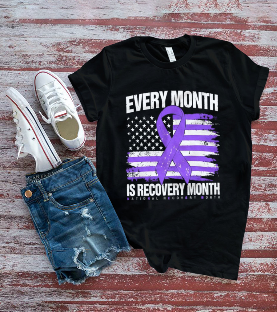 Every Month Is Recovery Month Purple Ribbon American Flag National Recovery Month T-Shirt