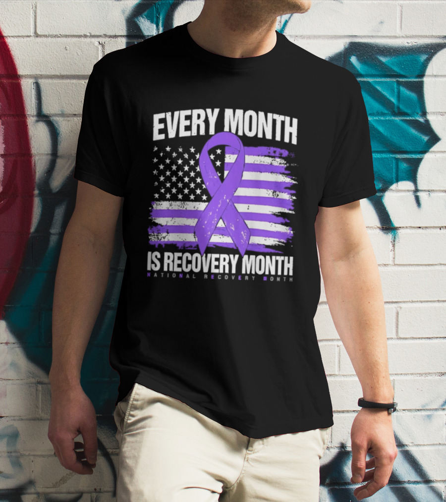 Every Month Is Recovery Month Purple Ribbon American Flag National Recovery Month T-Shirt