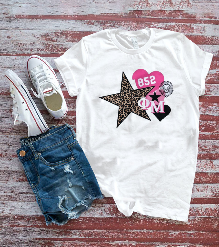Phi Mu 1852 Leopard Star Lion 852 Pink Heart Sorority T-Shirt