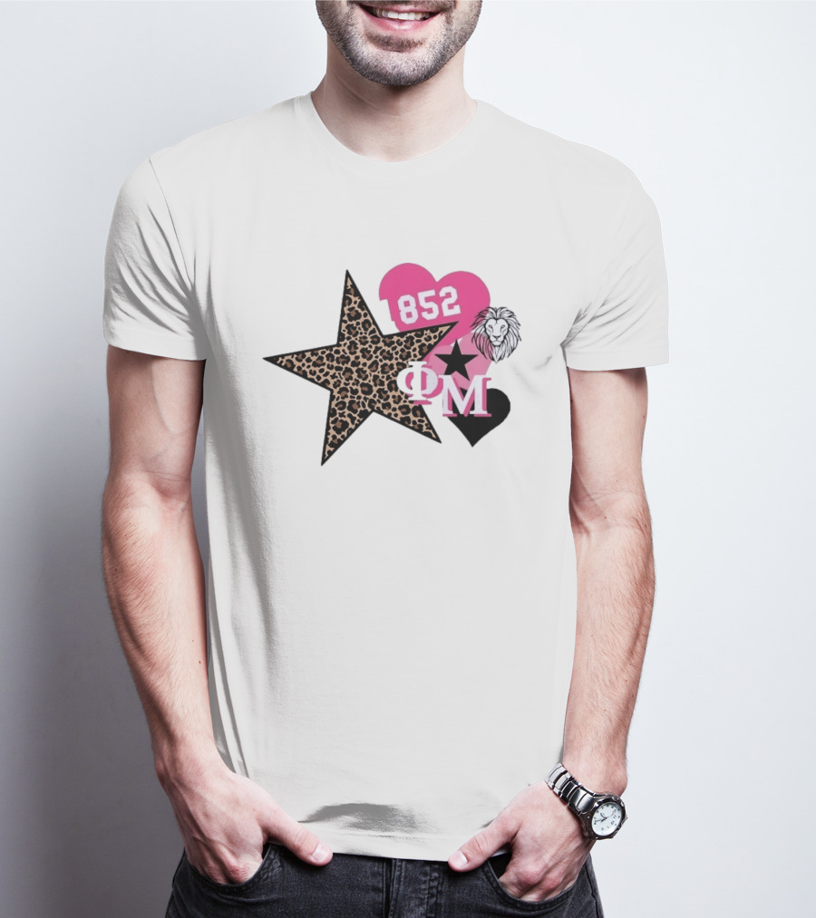 Phi Mu 1852 Leopard Star Lion 852 Pink Heart Sorority T-Shirt