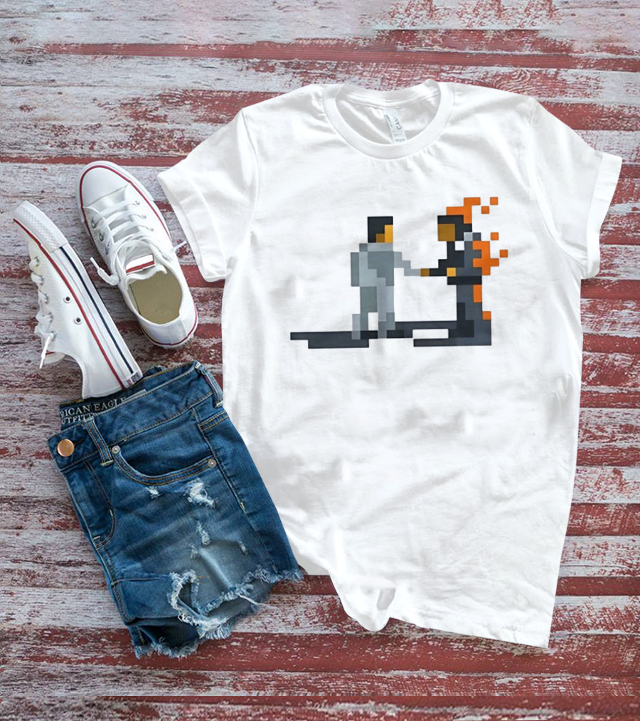 Pink Floyd Wish You Were Here Pixelated Two Men Shaking Hands Flames T-Shirt