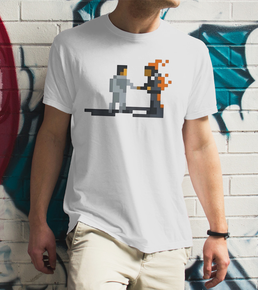Pink Floyd Wish You Were Here Pixelated Two Men Shaking Hands Flames T-Shirt