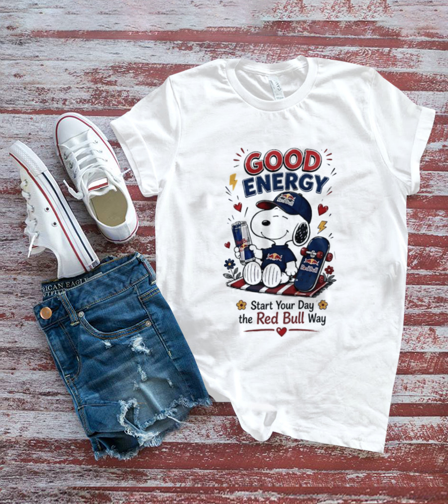 Snoopy Good Energy Start Your Day The Red Bull Way Skateboard And Drink T-Shirt