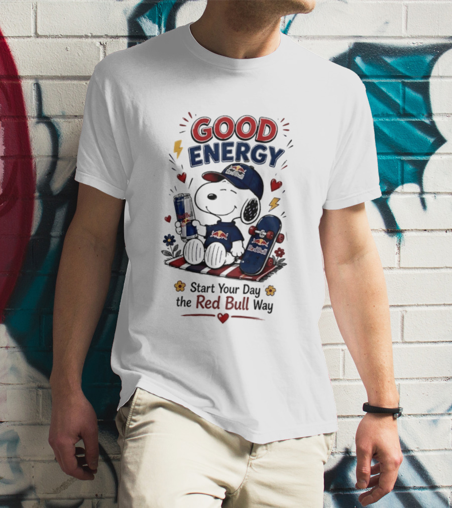 Snoopy Good Energy Start Your Day The Red Bull Way Skateboard And Drink T-Shirt