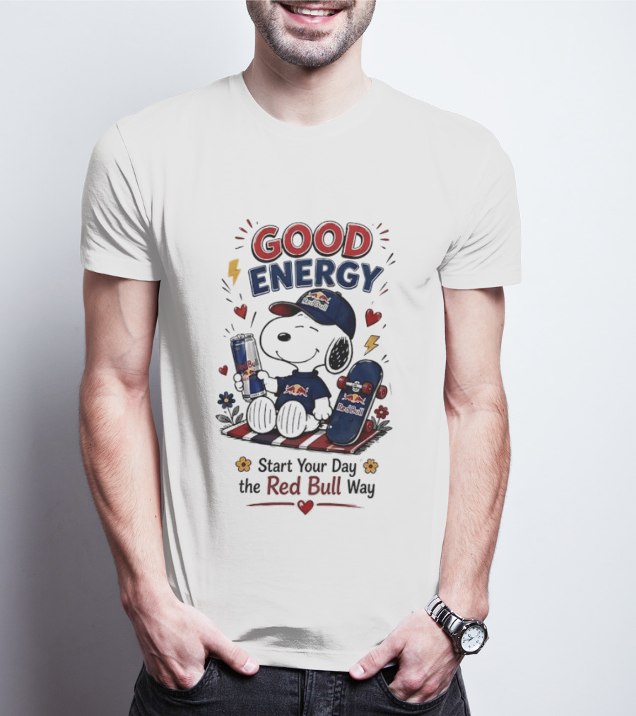Snoopy Good Energy Start Your Day The Red Bull Way Skateboard And Drink T-Shirt