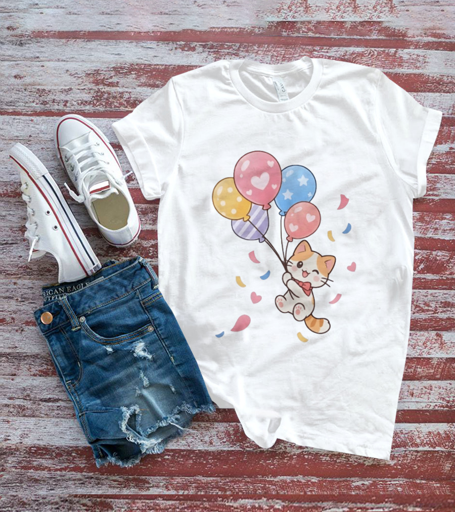 Cat Floating With Colorful Balloons T-Shirt