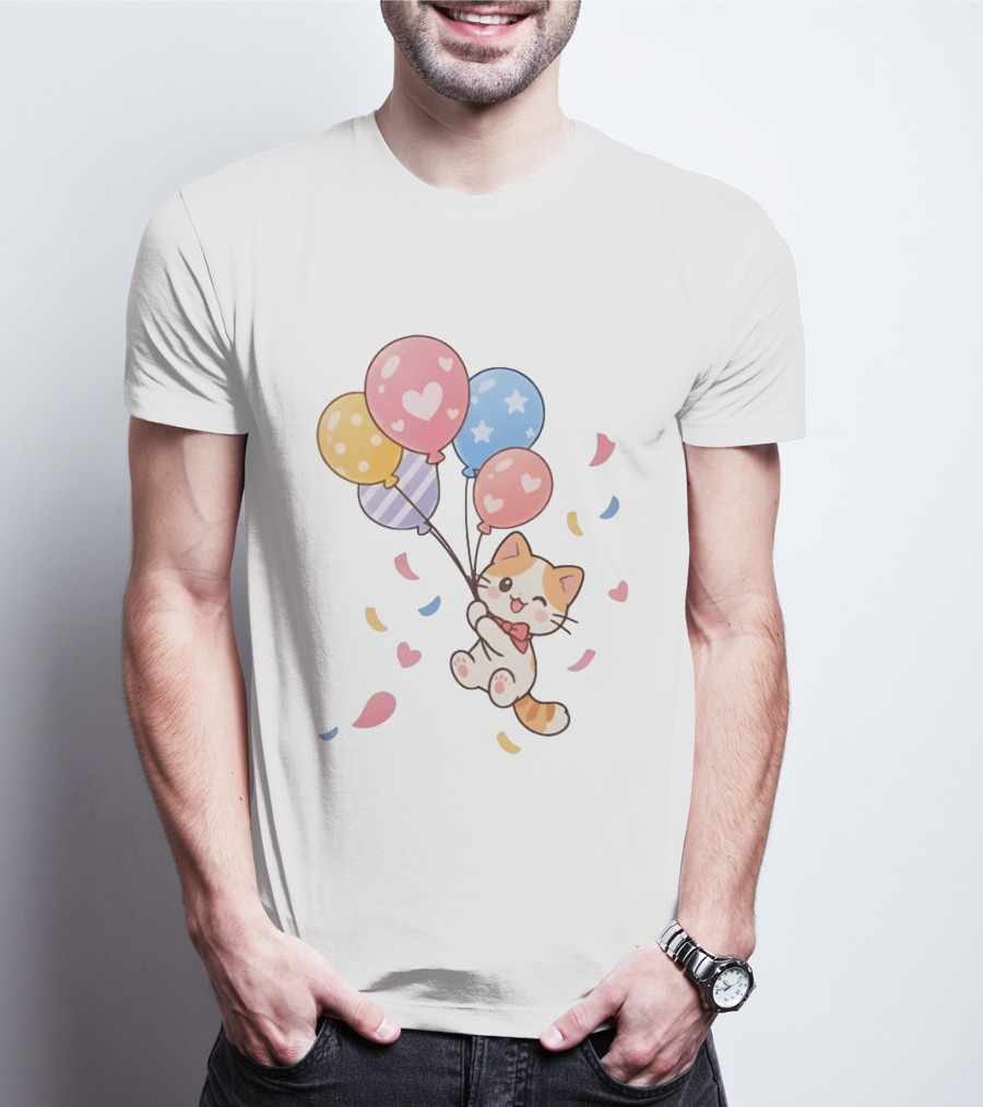 Cat Floating With Colorful Balloons T-Shirt