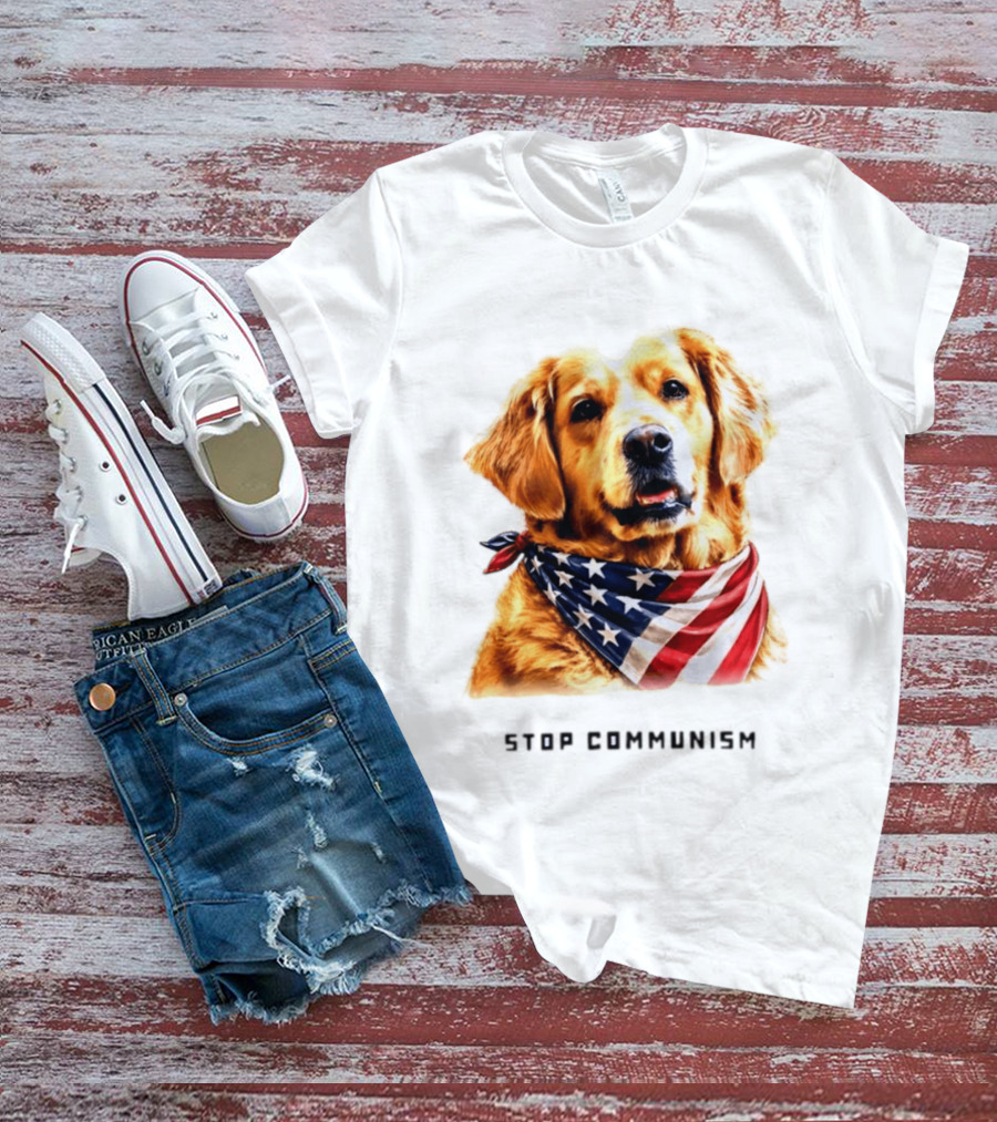 Golden Retriever Wearing American Flag Bandana Stop Communism T-Shirt