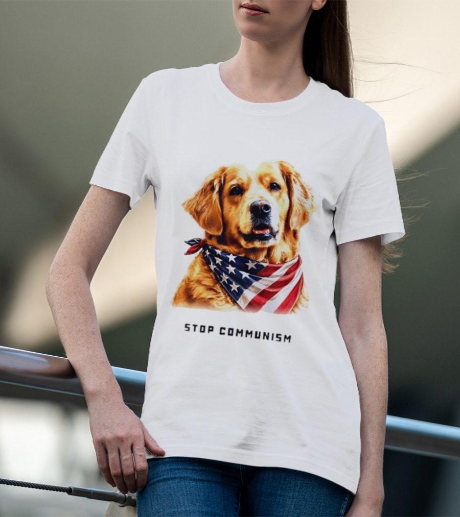 Golden Retriever Wearing American Flag Bandana Stop Communism T-Shirt