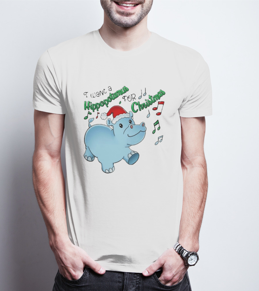 Inktastic I Want A Hippopotamus For Christmas Hippo In Santa Hat T-Shirt