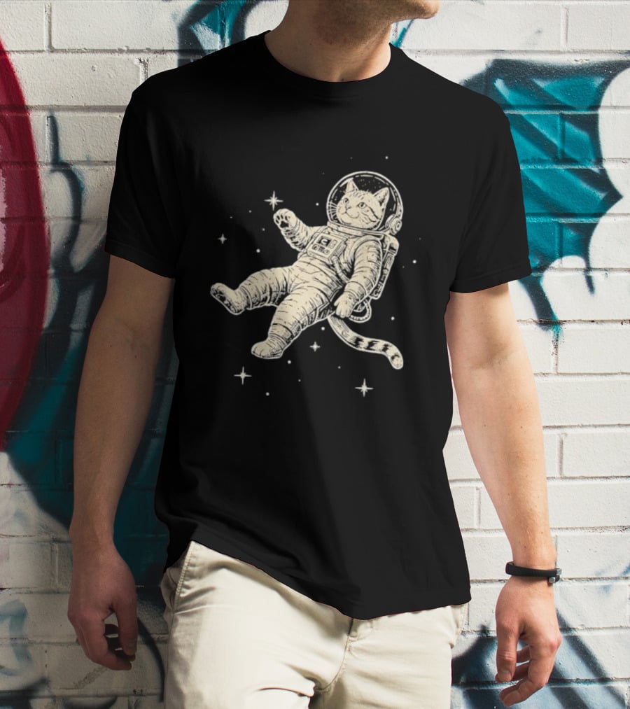 Astronaut Cat Floating In Space With Stars And Helmet T-Shirt
