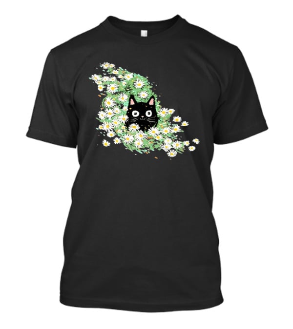 Black Cat Surrounded By Daisies In A Field T-Shirt