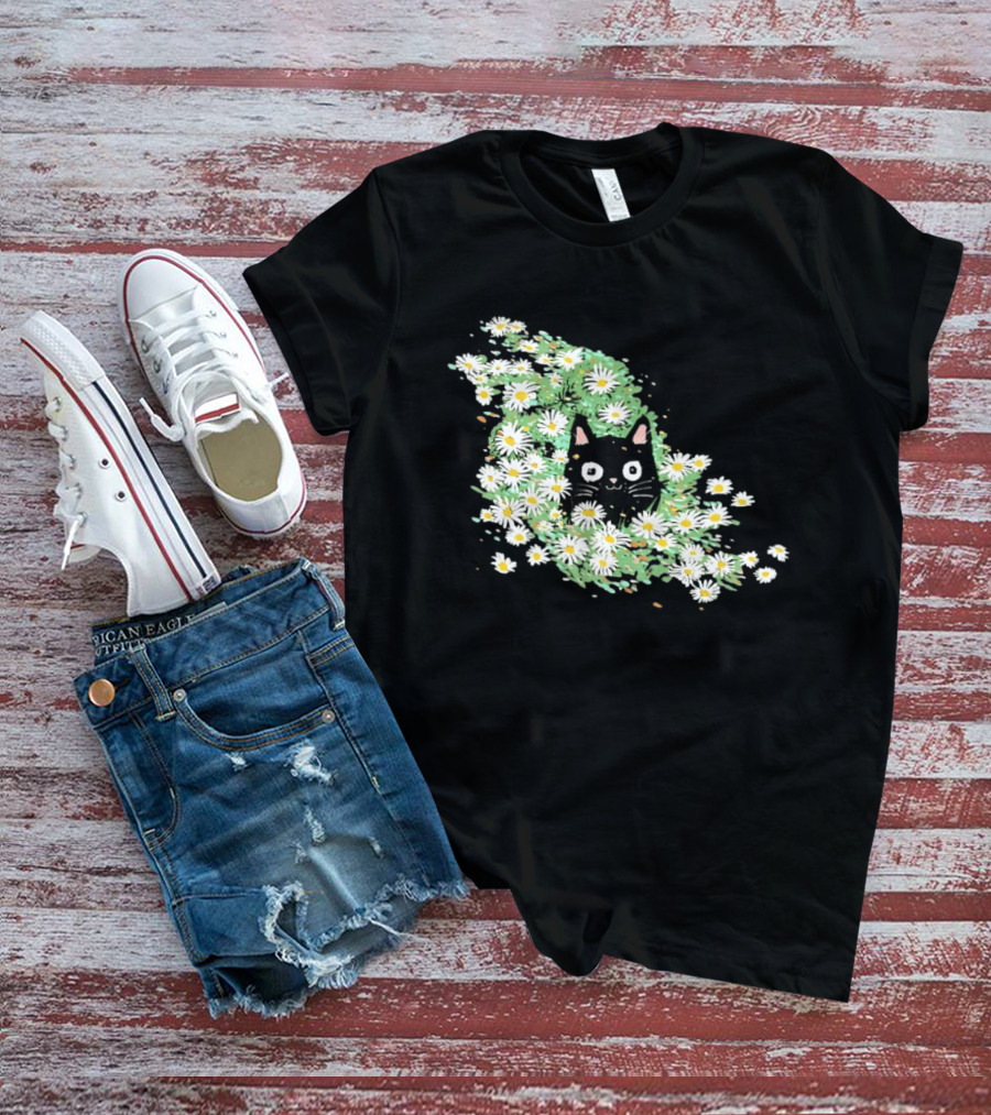 Black Cat Surrounded By Daisies In A Field T-Shirt