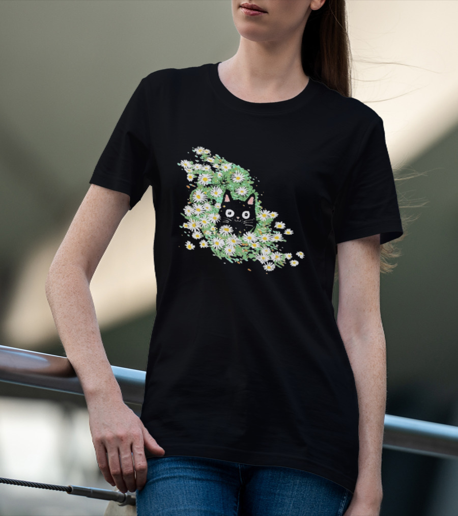 Black Cat Surrounded By Daisies In A Field T-Shirt