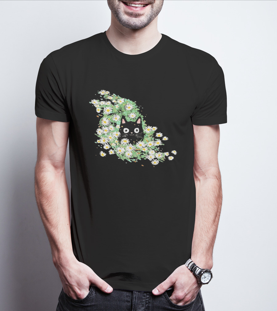 Black Cat Surrounded By Daisies In A Field T-Shirt