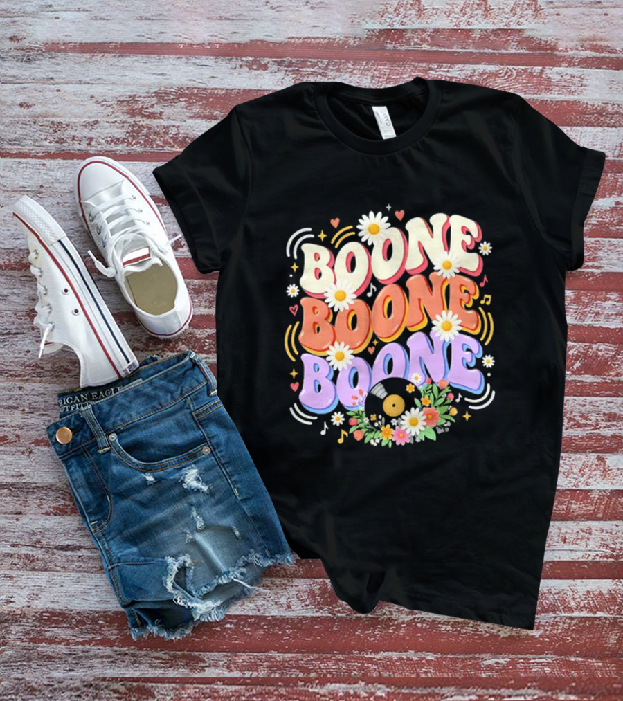 Boone Floral Vinyl Record Music Lover Colorful Daisy Notes Hearts T-Shirt