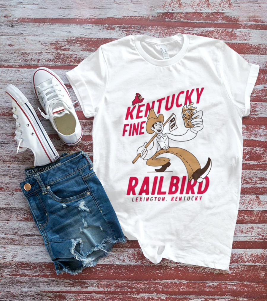 Kentucky Fine Railbird Lexington Kentucky Cowboy With Trophy And Cardinal T-Shirt