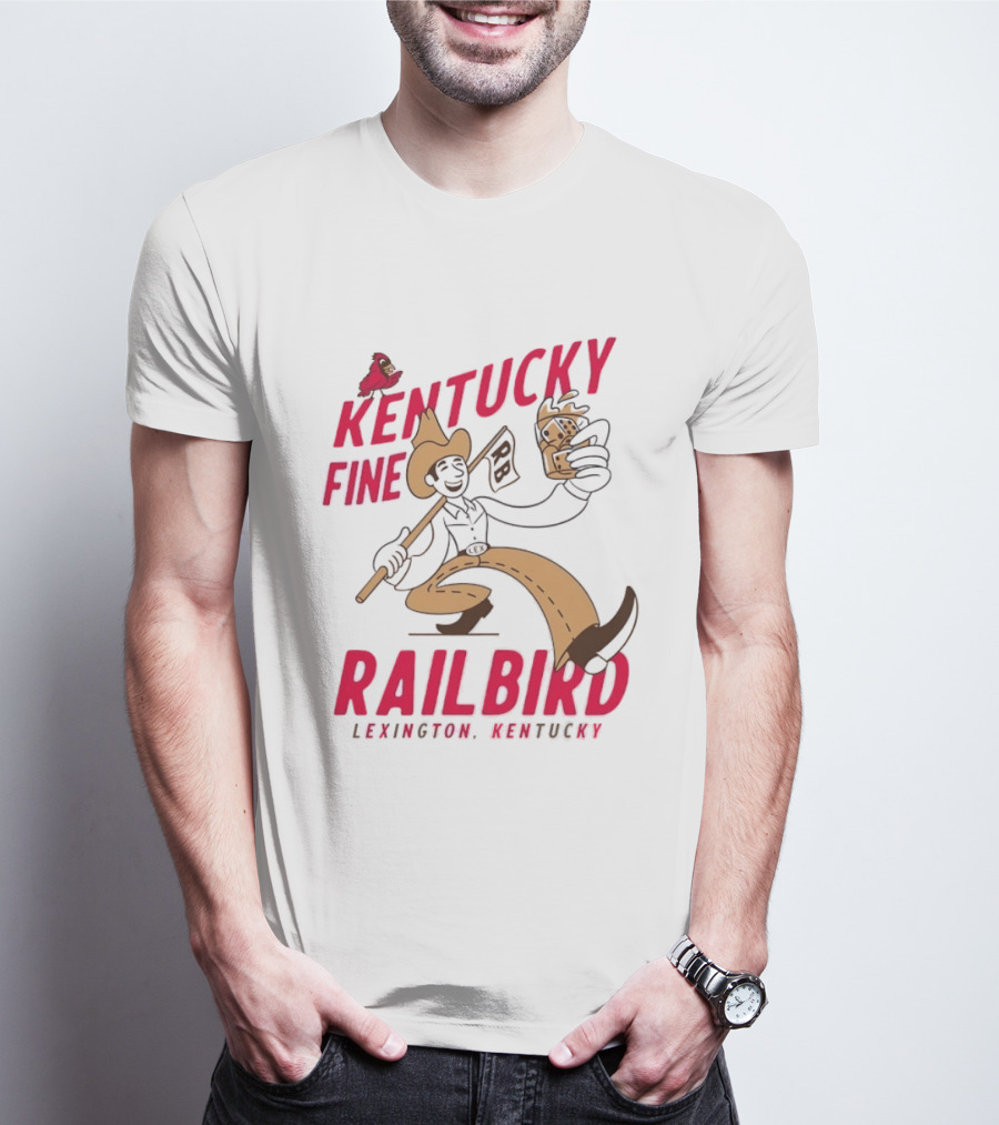 Kentucky Fine Railbird Lexington Kentucky Cowboy With Trophy And Cardinal T-Shirt