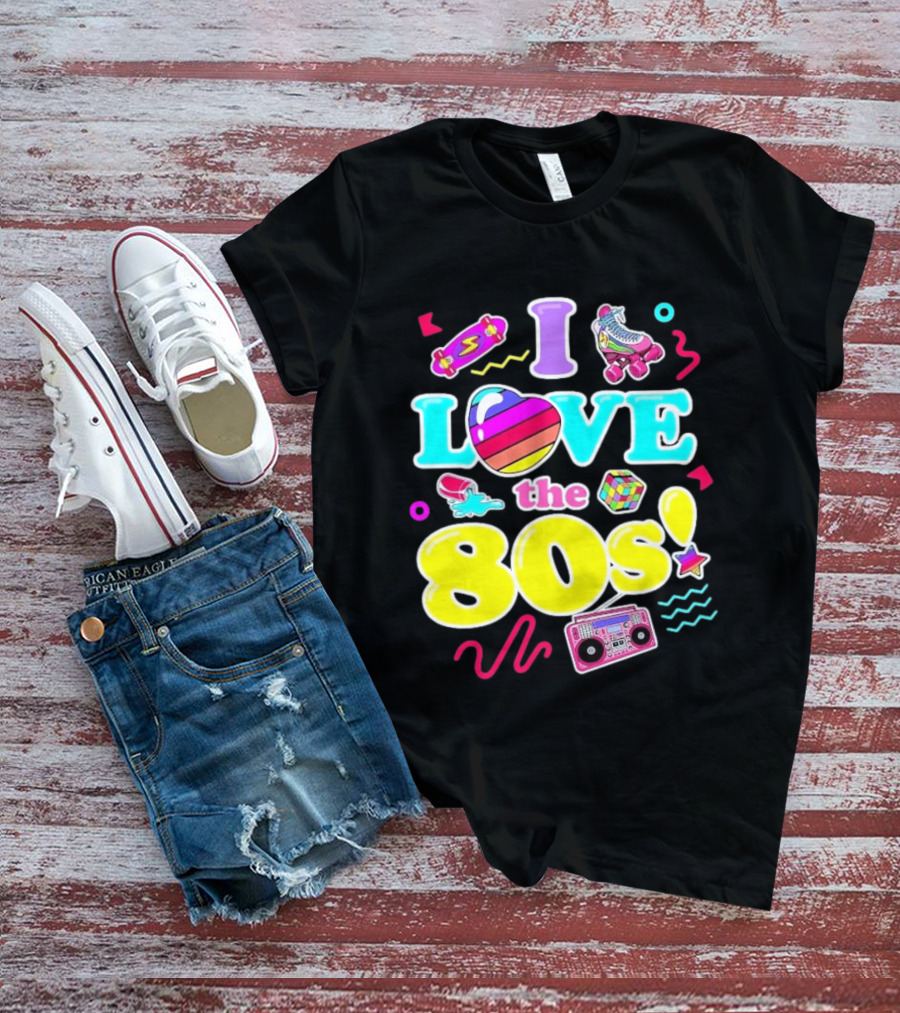I Love The 80s Nostalgia Roller Skates Boombox Rubik's Cube Retro Fun T-Shirt