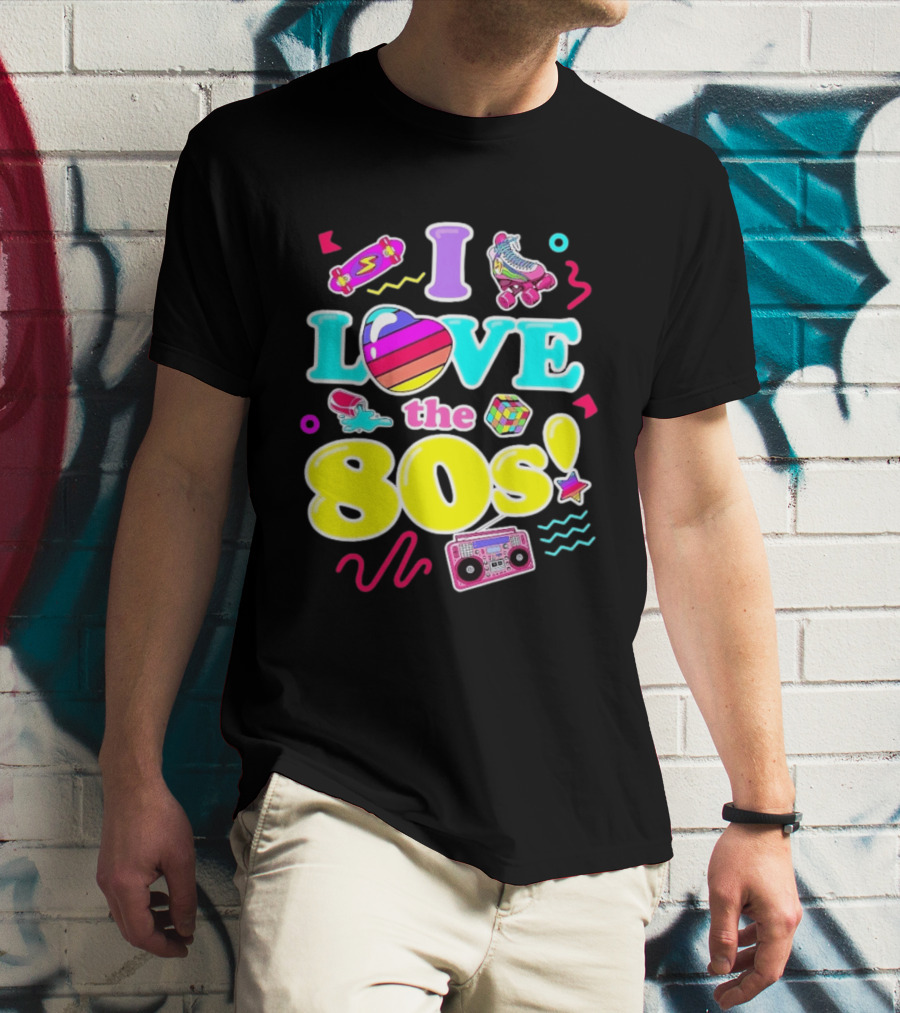 I Love The 80s Nostalgia Roller Skates Boombox Rubik's Cube Retro Fun T-Shirt
