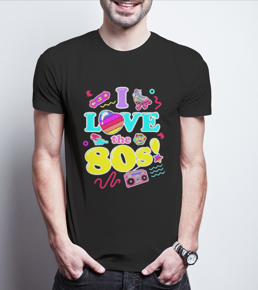 I Love The 80s Nostalgia Roller Skates Boombox Rubik's Cube Retro Fun T-Shirt
