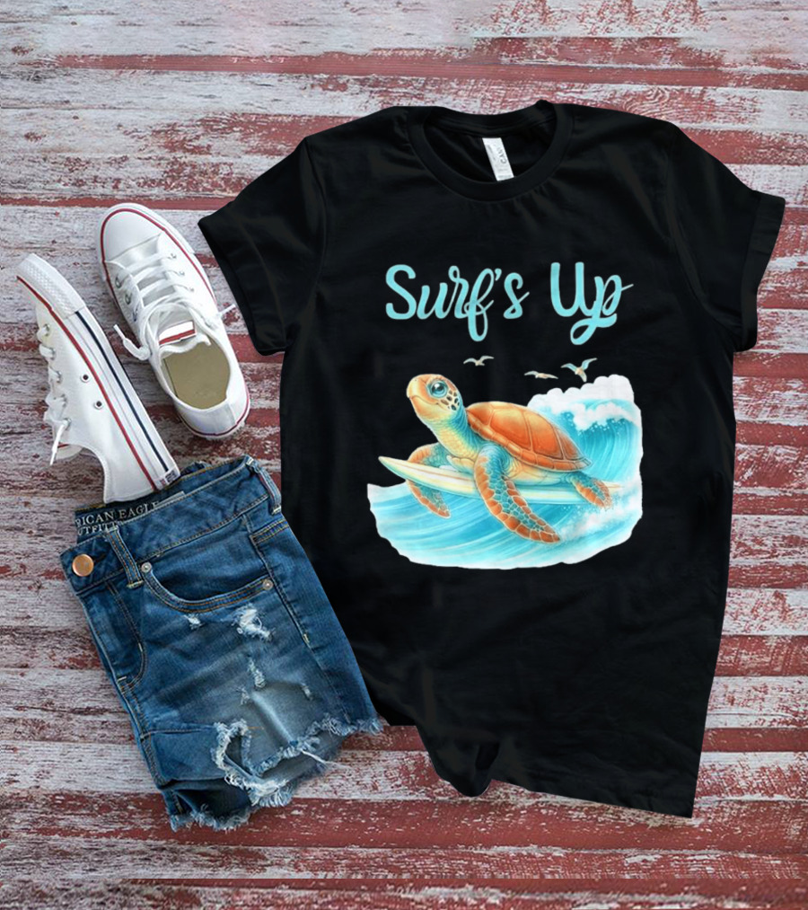 Surf's Up Turtle Riding Surfboard On Big Wave T-Shirt